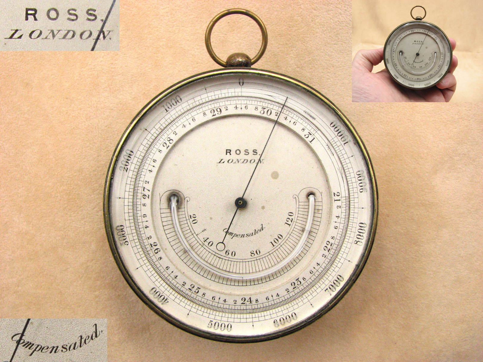 19th century pocket barometer & altimeter with thermometer signed Ross London